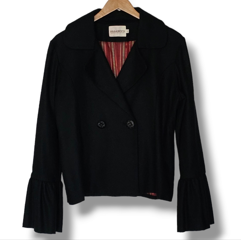 Maestro Black Wool‎ Blend Coat Bell Sleeves Womens Size L Double Breasted